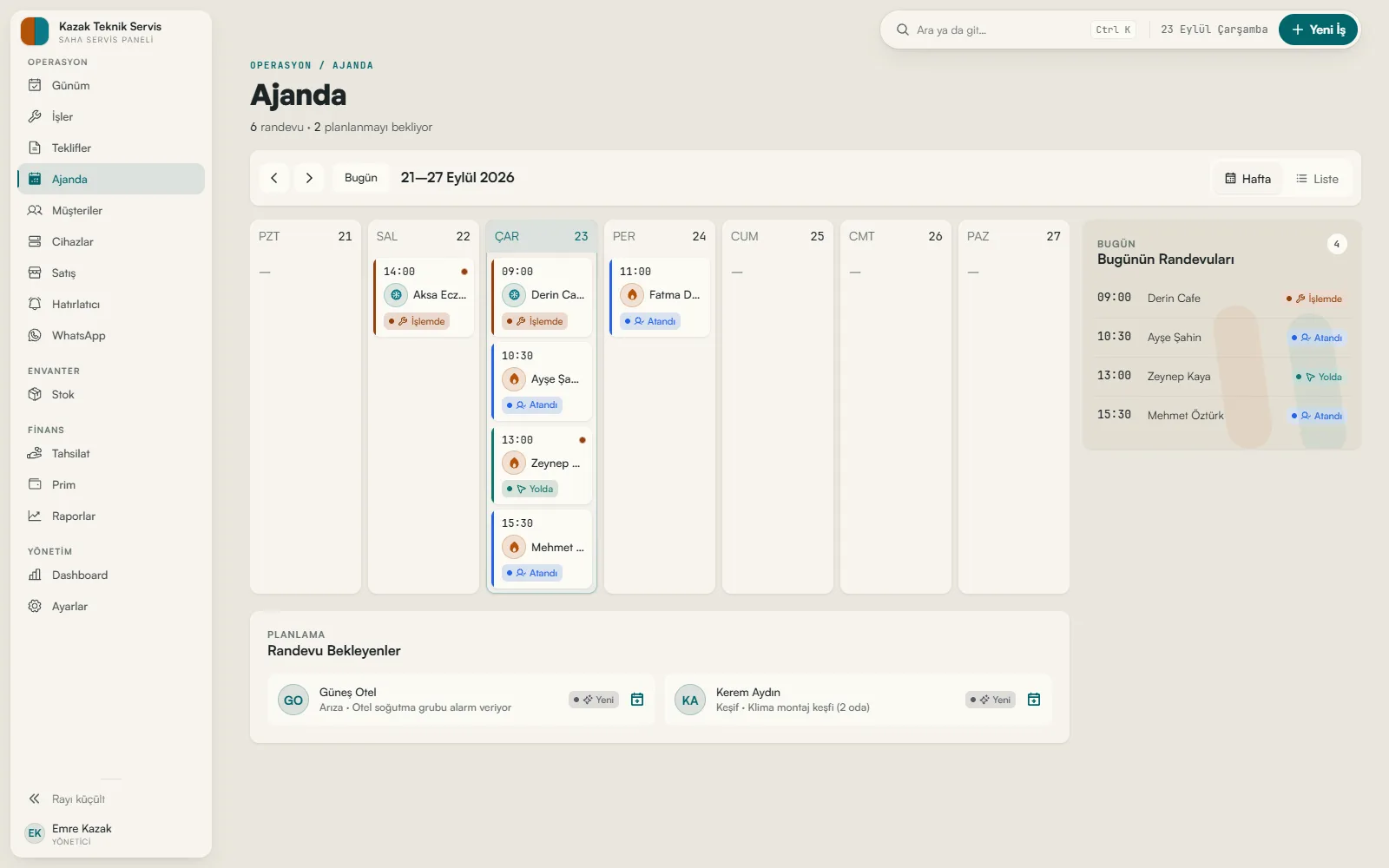 TakipFix Ajanda: haftalık takvim görünümünde randevular ve planlı servisler gün gün yerleştirilmiş.